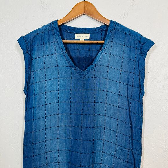 Cloth & Stone Chambray Sheath Dress Checkerboard Loose Fit Blue - XS - Picture 3 of 5